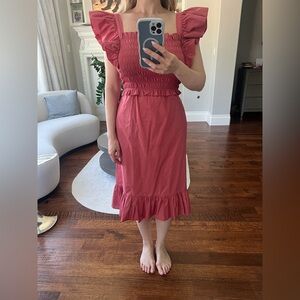 Sea New York Pink Ruffle-Sleeve Smocked Midi Dress with open back. Size Small